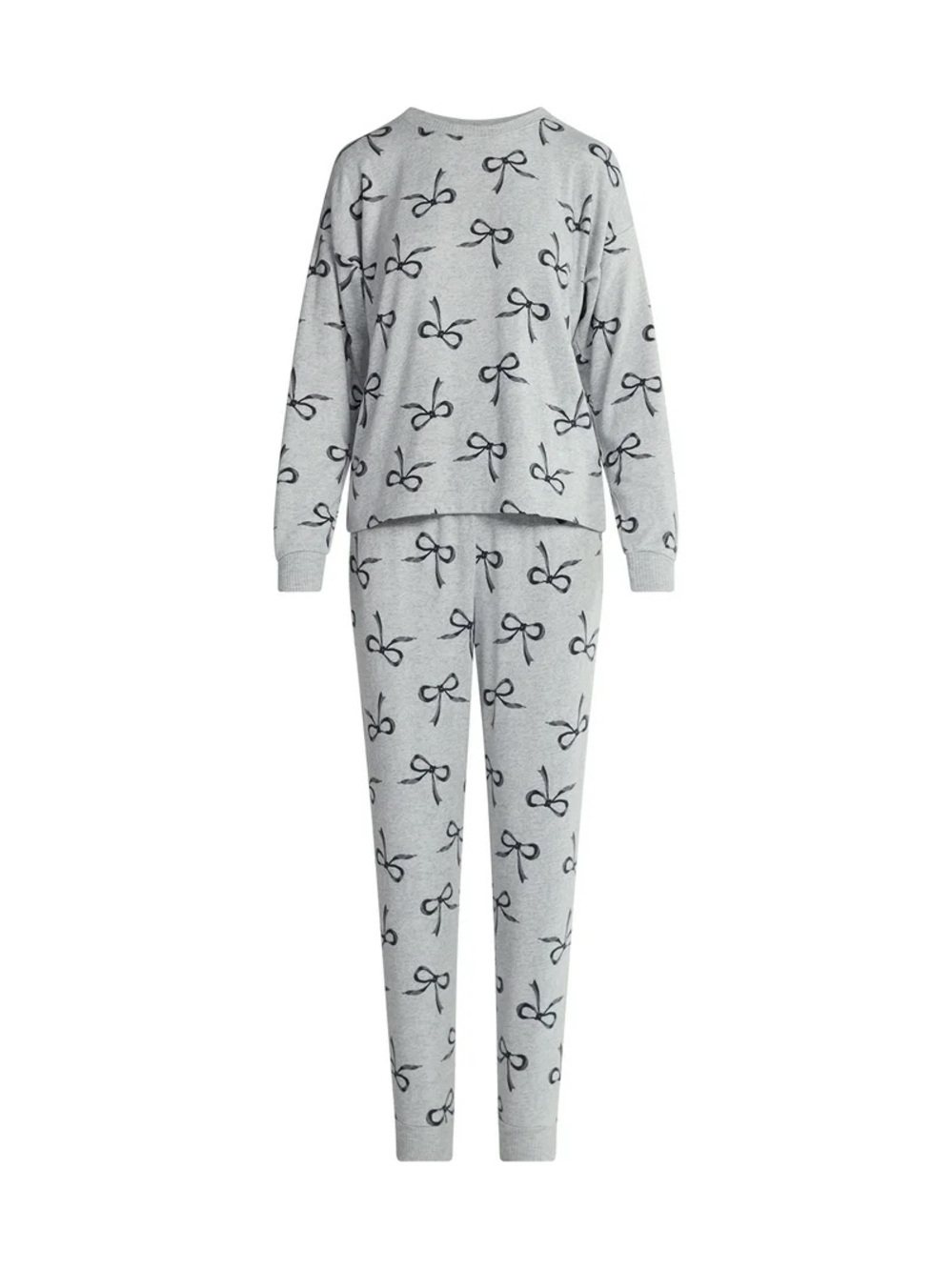 Cozy Bow-Print Long Sleeve Pajama Set - Grey - Picture 2 of 6
